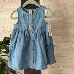 CARTERS Chambray Bow Pockets Cotton Jumper Picnic Dress Size 9 Month NWT